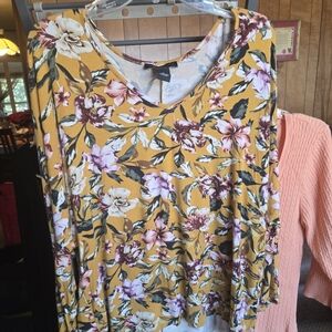 Floral Long Sleeve Top - Orange Background With Multi Hued Flowers